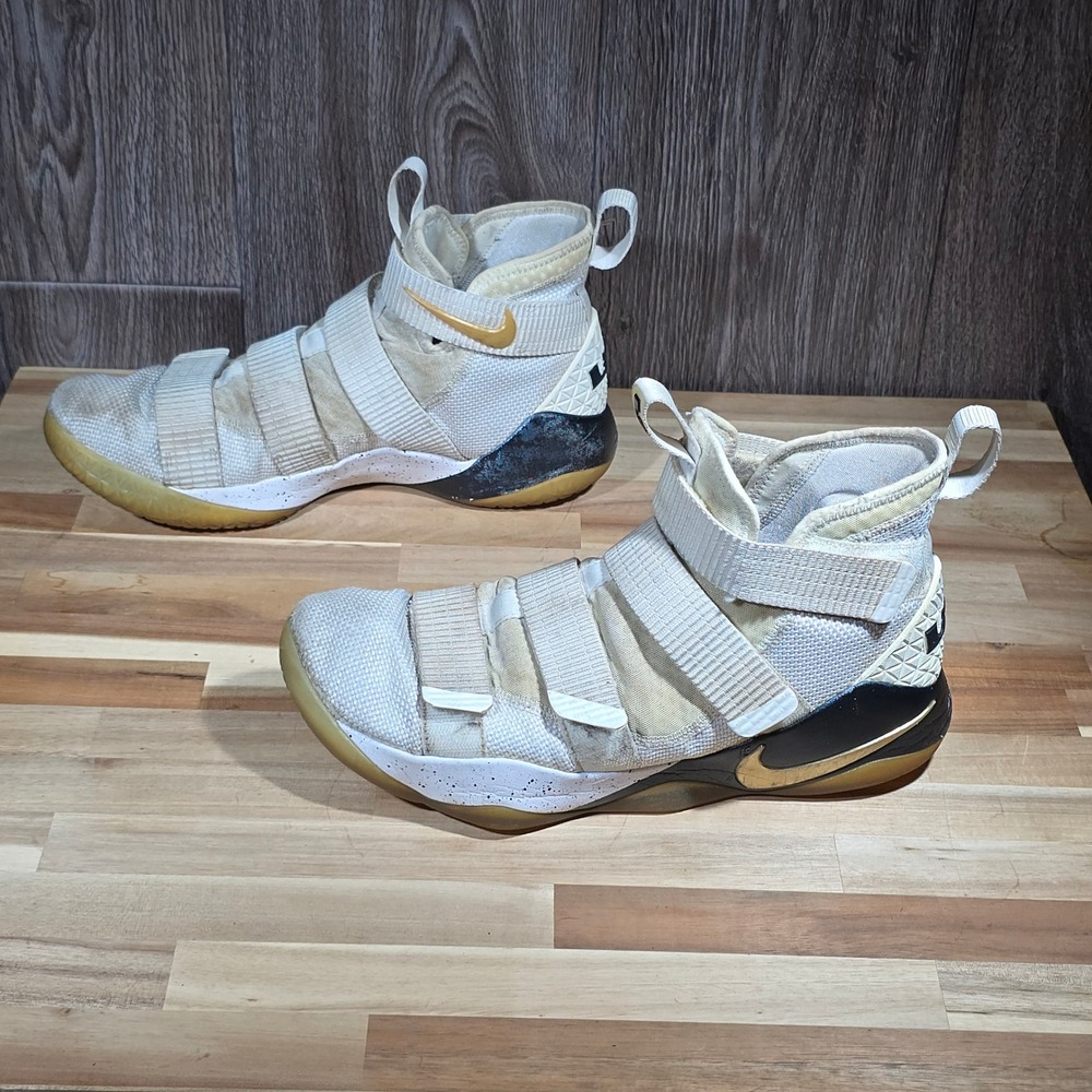 Nike LeBron Soldier 11 White Gold Basketball Shoes 10.5 High Top 897644-101